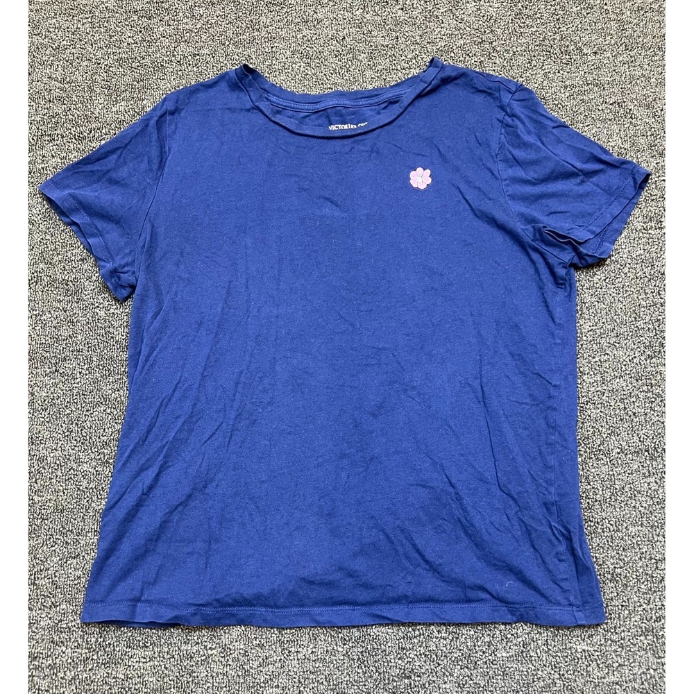 Victoria's Secret T-Shirt Womens Medium Blue Embroidered Flower Cotton Crew Neck